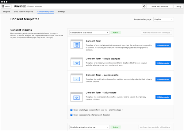 Piwik PRO Consent Manager - Consent templates