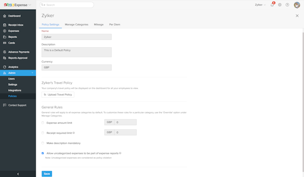 Zoho Expense policy settings screenshot.