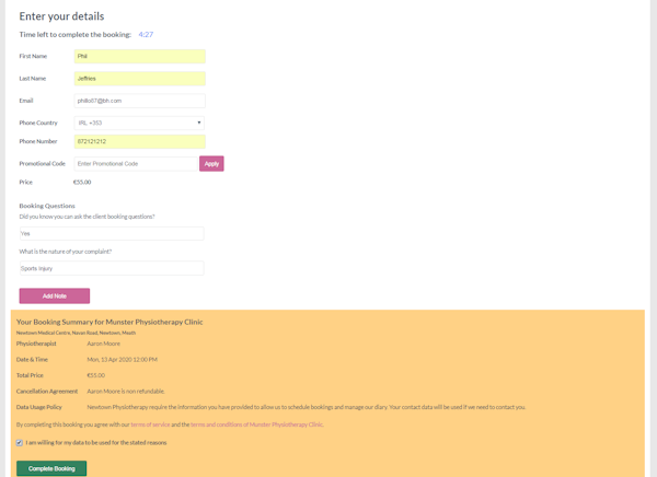Booking summary