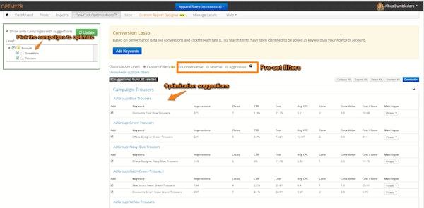 Optmyzr preset filters & optimization suggestions
