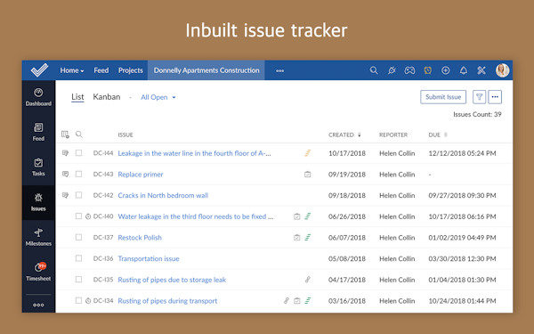 Zoho Projects issue list screenshot