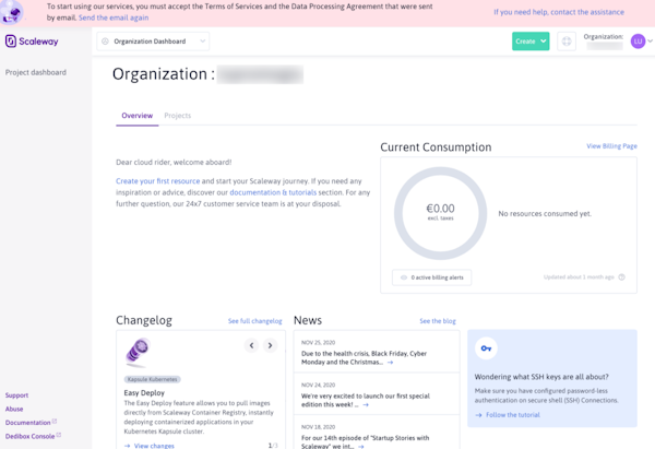 Scaleway Dedibox project dashboard