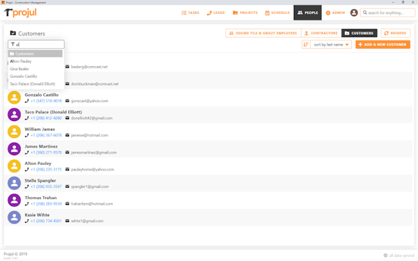 Projul customer details screenshot