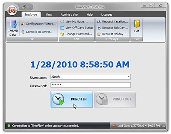 TimeFlow punch-in/out screen