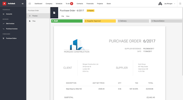 Archdesk purchase orders screenshot