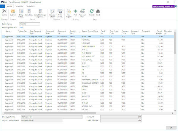 Payroll Journal with pay calculated