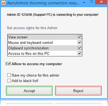 Remote session request window