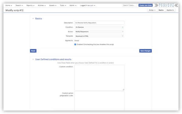 Request Tracker scrip modification