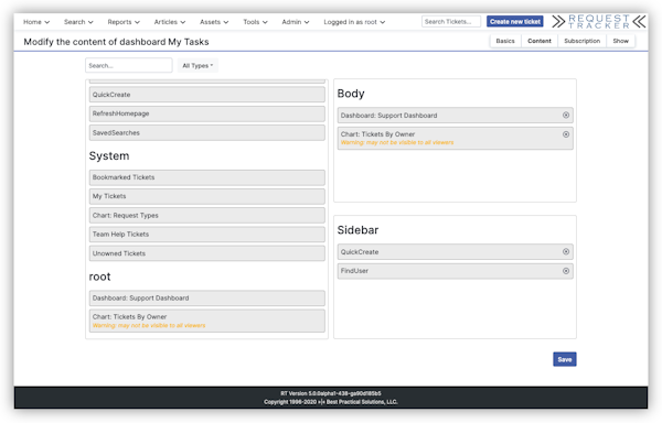Request Tracker dashboard modification