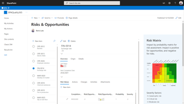Risk details with related assessment values and action with SharePoint.