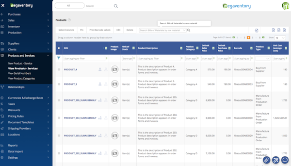 Megaventory products and services lists