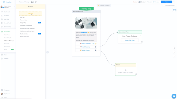 ManyChat action creation screenshot
