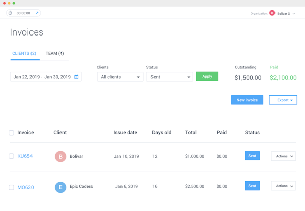 Hubstaff invoices screenshot