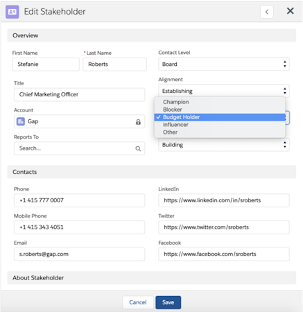 ClosePlan Relationship Maps - edit stakeholder profile