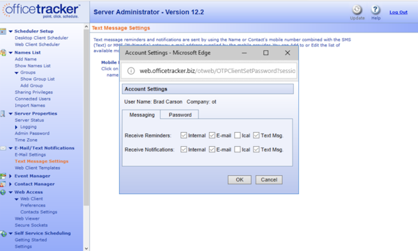 Office Tracker text message settings