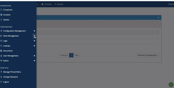 BlueprintCPQ user navigation bar