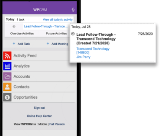 WPCRM mobile view