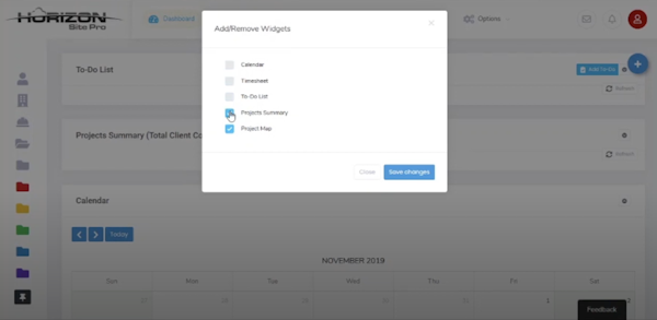 Horizon Site Pro - dashboard and widgets