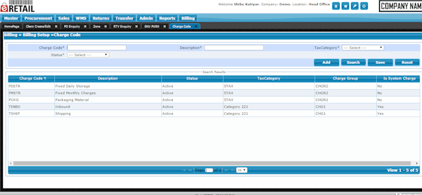 Charge code billing setup