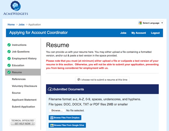 Employment application