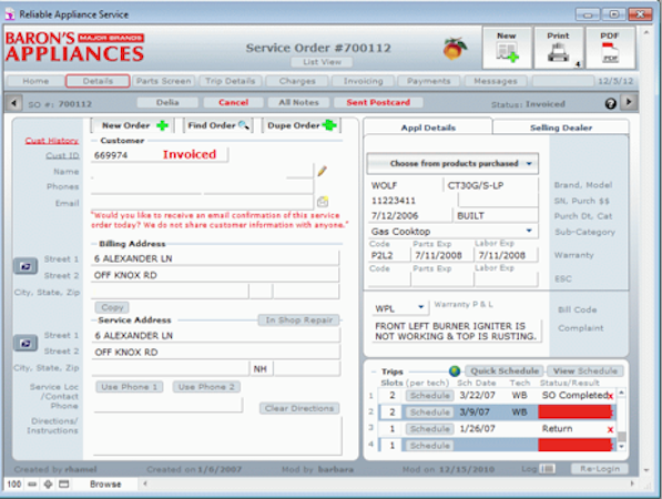 Customer service screen