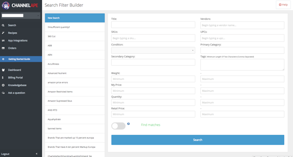 ChannelApe search filter builder screenshot