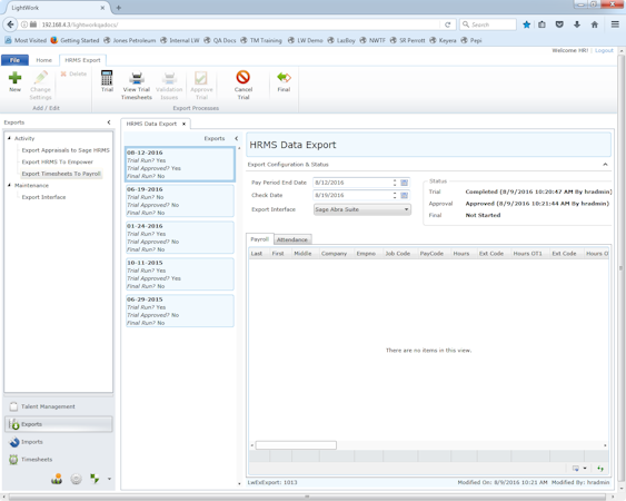 Export screen