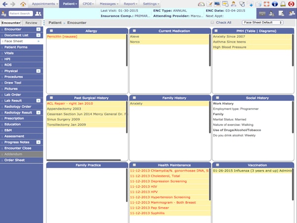 EHR facesheet