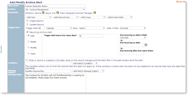 Add/modify archive alert