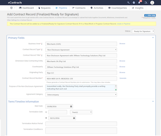 Contract creation form