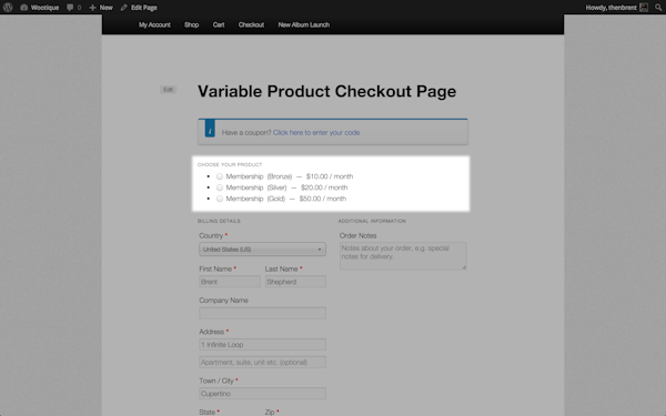 Variable checkout page