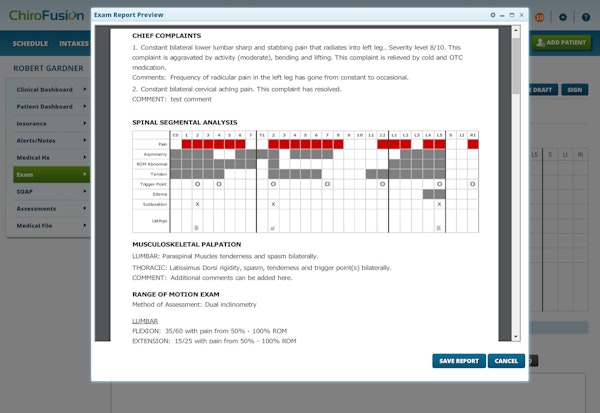 ChiroFusion exam report preview