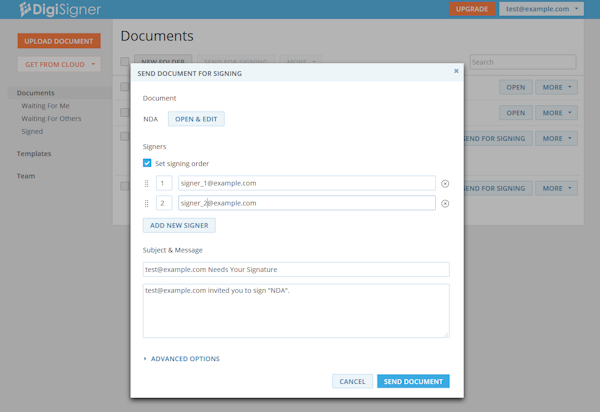 Send document for signing