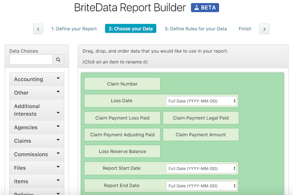 Britedata reporting builder