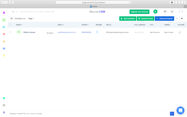 Recruit CRM candidate list screenshot