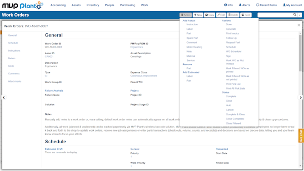 Work orders and available actions