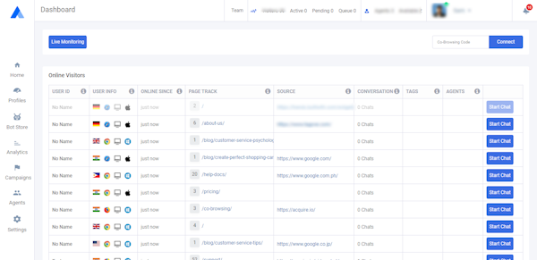 Acquire dashboard