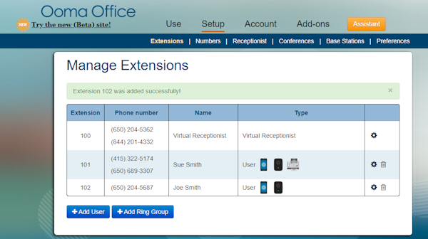 Admin dashboard Ooma Office