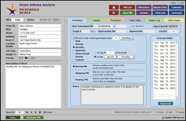 Preventative maintenance detail screen
