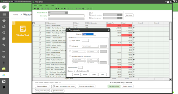 Rapid Garden POS pricing sheets