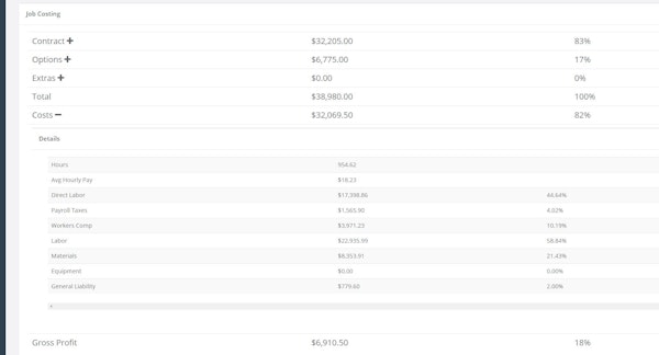 Job costing table (costs)