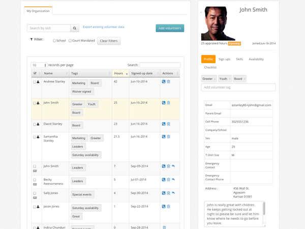 Volunteer profiles, hours tracking, tagging