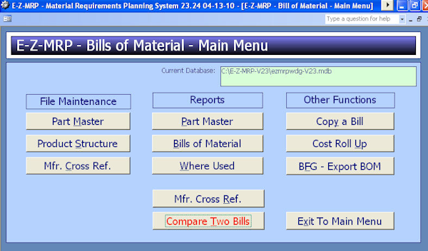 Bills of Material Main Menu