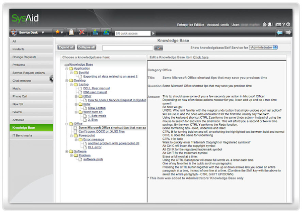User and admin knowledge base