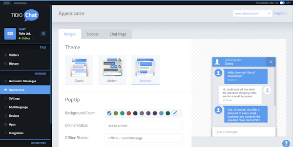 Tidio Chat appearance screenshot