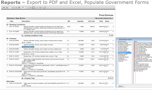 Estimating report options