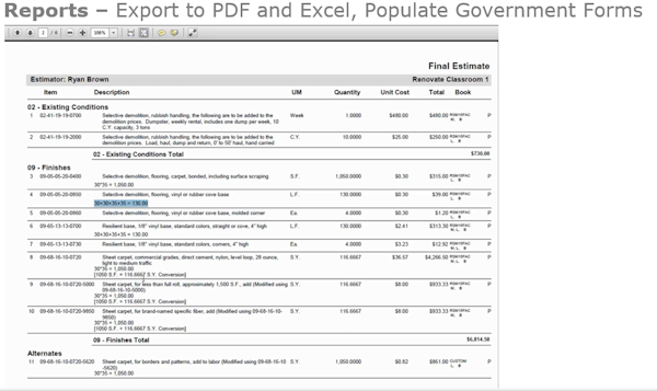 Estimating report