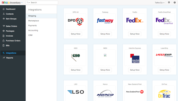 Zoho Inventory shipping integrations screenshot