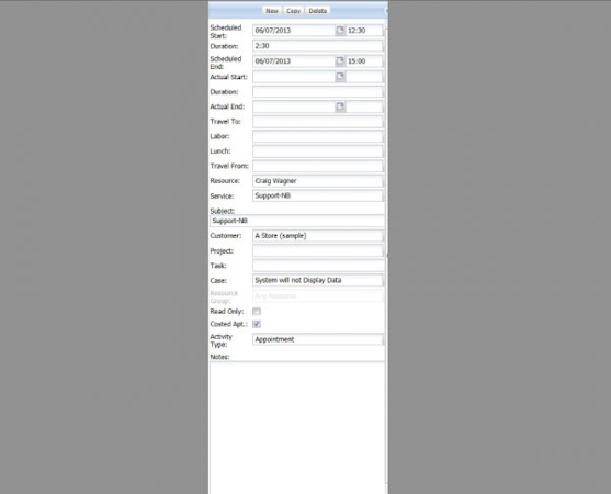 Project form for Gantt chart