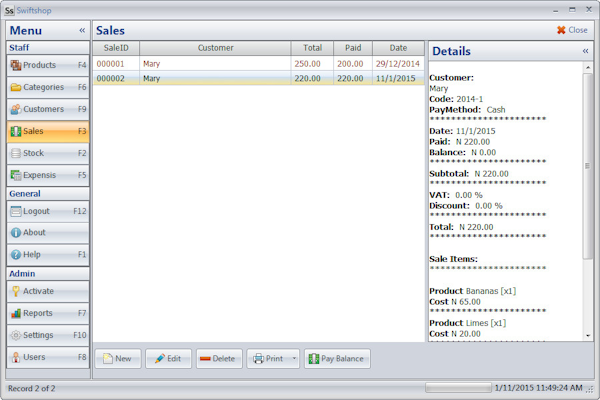 Sales screen